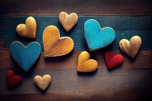 colorato cuore forma di legno su di legno sfondo. San Valentino giorno colorato cuore forma su vecchio legna sfondo. vacanze sfondo. carta per amore. generativo ai. foto