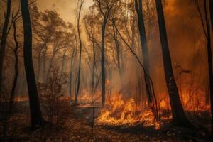 foresta fuoco con alberi su fuoco foto con generativo ai