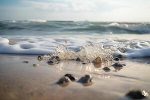 spruzzi onda su sabbioso riva con scintillante luce del sole su acqua. generativo ai. foto