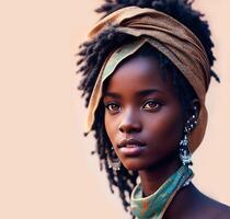 africano donna, ritratto di un' di carnagione scura africano ragazza nel un' copricapo. generativo ai foto