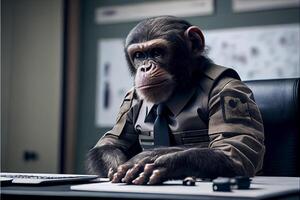 il capo scimmia nel il ufficio completo da uomo si siede a il suo scrivania Lavorando su il computer nel il ufficio. generativo ai. foto