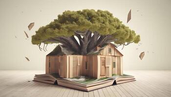 un' casa sull'albero costruito in giro un' gigante libro. generativo ai foto