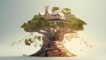 un' casa sull'albero costruito in giro un' gigante libro. generativo ai foto