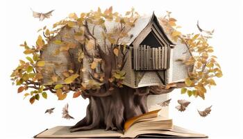 un' casa sull'albero costruito in giro un' gigante libro. generativo ai foto