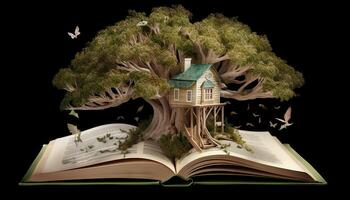 un' casa sull'albero costruito in giro un' gigante libro. generativo ai foto