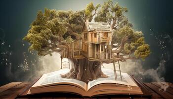 un' casa sull'albero costruito in giro un' gigante libro. generativo ai foto