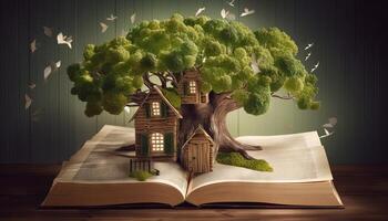 un' casa sull'albero costruito in giro un' gigante libro. generativo ai foto