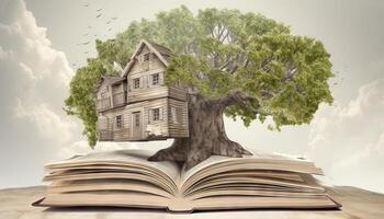 un' casa sull'albero costruito in giro un' gigante libro. generativo ai foto