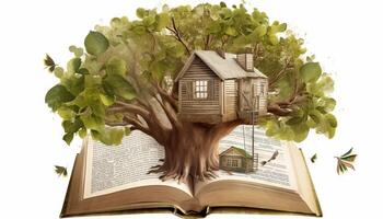 un' casa sull'albero costruito in giro un' gigante libro. generativo ai foto