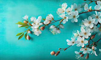 sognante ciliegia fiori come un' naturale confine, su blu sfondo. ciliegia fiori nel piccolo cluster su un' ciliegia albero ramo su blu sfondo con copyspace. generativo ai foto