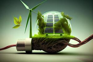 ambientale protezione, rinnovabile, sostenibile energia fonti. il verde mondo carta geografica è su un' leggero lampadina quello rappresenta verde energia rinnovabile energia quello è importante per il mondo. generativo ai foto