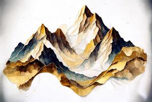 grunge acquerello montagne paesaggio con d'oro colore. ai generato foto
