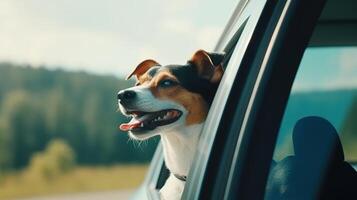 un' contento cani viaggio avventura su un' soleggiato auto giro. generativo ai foto