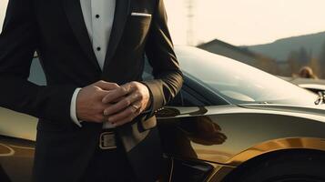 un' avvicinamento di un' ricco uomo d'affari in piedi nel davanti di un' lussuoso supercar. generativo ai foto