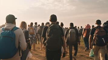 sfollati e determinato rifugiati su un' lungo e incerto viaggio. generativo ai foto