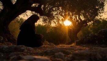 fotografia di Gesù preghiere nel il giardino di getsemani. generativo ai foto