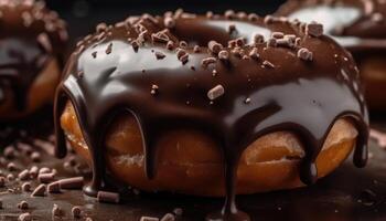 un' avvicinamento foto di il cioccolato Rivestimento su il ciambella. generativo ai