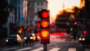 città pedone attraversamento con un' rosso luce, defocussed e sfocato strada sfondo. generativo ai foto