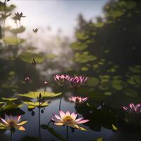 bellissimo loto fiore fioritura nel il stagno con luce del sole. generato ai foto