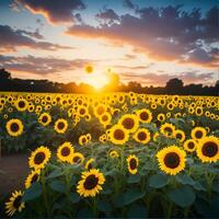 girasole campo a tramonto. bellissimo paesaggio con girasole campo. generato ai foto