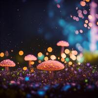 3d illustrazione di fantasia funghi con bokeh luci e particelle. generato ai foto