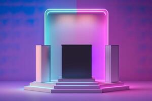 realistico 3d podio con neon leggero e pastello colore per Prodotto Schermo. ai generato foto