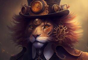 un' Leone indossare un' steampunk cappello e un' steampunk maschera, fantasia arte, steampunk. creare ai foto