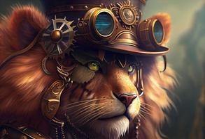 un' Leone indossare un' steampunk cappello e un' steampunk maschera, fantasia arte, steampunk. creare ai foto