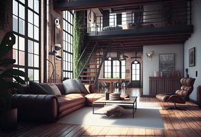 vivente camera soffitta nel industriale stile ,3d rendere. creare ai. foto