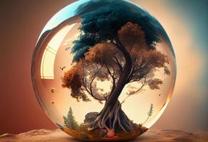 un' bicchiere palla con un' albero dentro esso, un' Opaco la pittura, fantasia arte, fantasia, surreale. creare ai foto