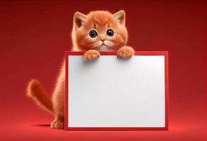 carino rosso gattino Tenere un' vuoto telaio con copia spazio su un' pendenza sfondo. creare ai. foto