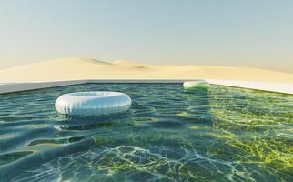 sfondo verde piscina in un deserto di dune con cielo sereno e galleggia nell'acqua, rendering 3d foto