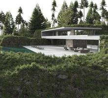 casa moderna con piscina in una foresta