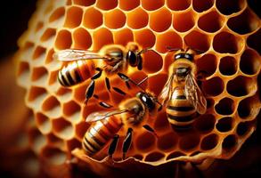 un' gruppo di ape su il Favo producendo Miele. creare ai. foto