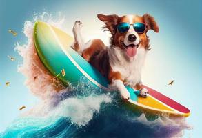 divertente cane nel occhiali da sole cavalcate un' tavola da surf su il oceano onde. estate vacanza concetto. creare ai. foto