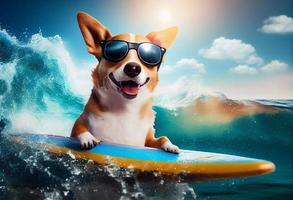 divertente cane nel occhiali da sole cavalcate un' tavola da surf su il oceano onde. estate vacanza concetto. creare ai. foto