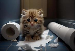 carino gattino nel il bagno strappato un' mucchio di gabinetto carta su il pavimento. creare ai. foto