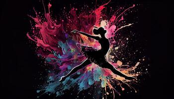 balletto ballerino spruzzo colorato illustrazione, nero sfondo con copia spazio . creare ai. foto