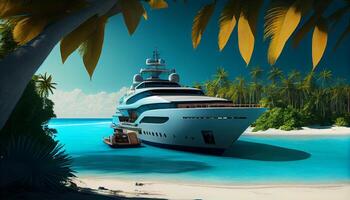 lusso yacht attracco su un' Paradiso spiaggia con turchese acque e palma alberi . creare ai foto