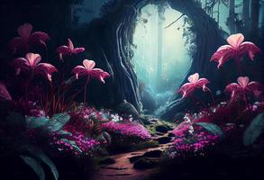 foto fantasia paesaggio magico foresta sfondo con grande fiore. creare ai