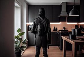 un' scassinatore vestito nel tutti nero sta con il suo indietro per il telecamera nel un' moderno appartamento. creare ai foto