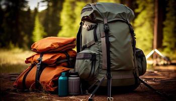 viaggio borse nel davanti di un' campeggio tenda, escursioni a piedi Ingranaggio.. creare ai foto