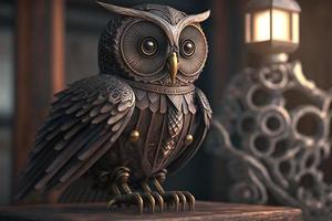 avvicinamento di un gufo statua seduta su superiore di un' di legno tavolo, un' 3d rendering, cinetico arte, steampunk. creare ai foto