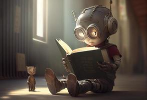 robot bambino lettura un' libro , robot formazione scolastica un' libro. creare ai foto