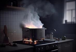 stufa acceso nel il moderno cucina durante cucinando, Fumo e fuliggine intorno a, fuoco a casa. creare ai foto