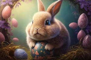 carino coniglietto con Pasqua uovo, colorato sfondo. creare ai foto