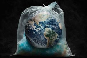 pianeta terra nel un' plastica Borsa. ambientale concetto. creare ai foto