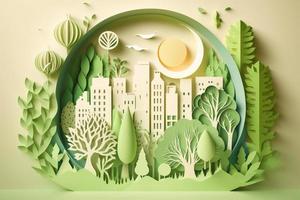 carta arte stile , carta tagliare di eco città design verde energia concetto e ambiente conservazione. creare ai foto