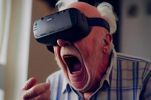 anziano uomo urla mentre sperimentare virtuale realtà. creare ai foto