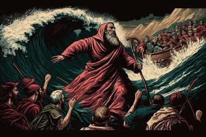 illustrazione di il esodo di il Bibbia, Mosé attraversamento il rosso mare con il israeliti, fuga a partire dal il egiziani. creare ai foto